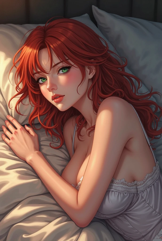 (1 girl, solo) (girl is (redhead long hair), perfect body, detailed olive eyes, wearing sexy black lingerie, she's lying in a luxury silk bed, touching herself, waking up), (background window, sunny day, luxury modern department)