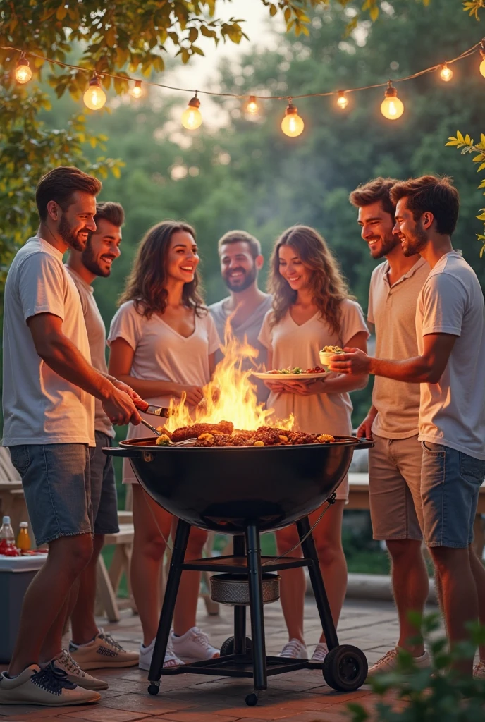 Three Brazilian men and a curly hair having a barbecue in the afternoon with four foreign women in front of the house.
