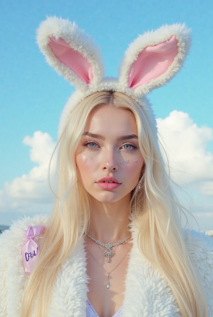 Realistic photo of a beautiful 18 year old (((ALEXIS-REN))), posing with Big black cock, (best quality,ultra-detailed,realistic:1.2),beautiful detailed eyes,beautiful detailed lips, blonde hair, wearing a sexy white playboy bunny outfit,