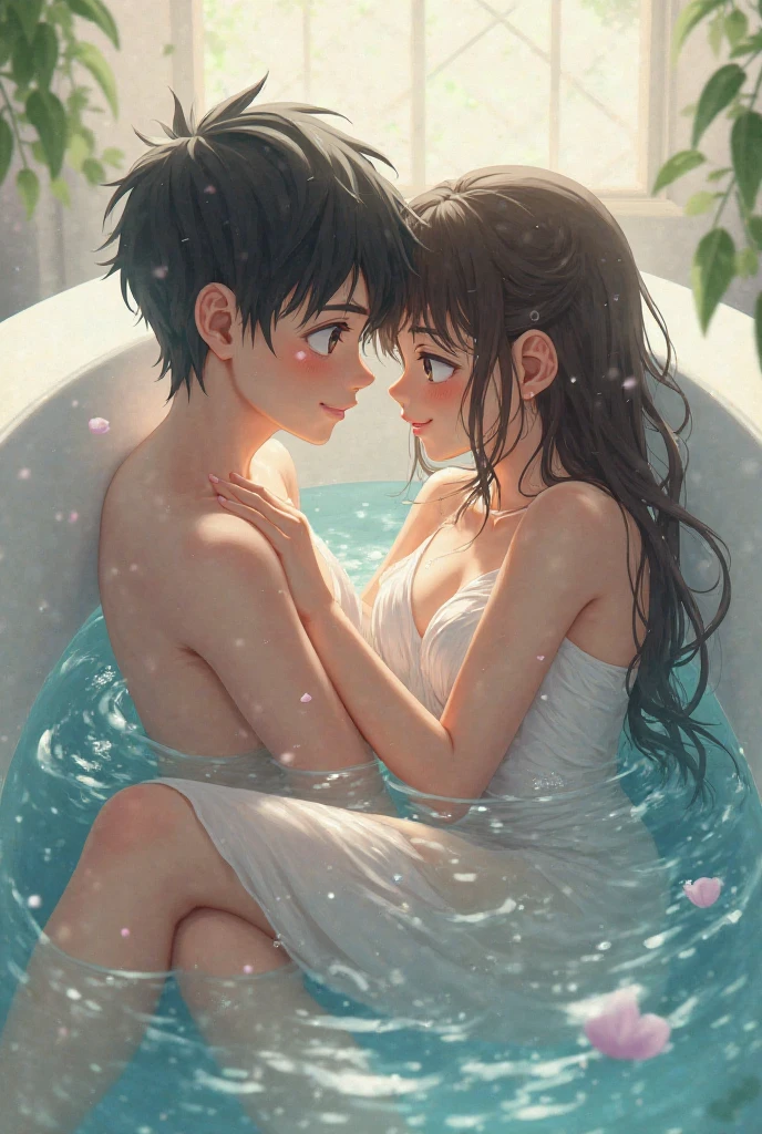 score_9, score_8_up, score_7_up, source_anime, best quality, masterpiece, official art, absurdres, highres, ultra-detailed,waifu2x,Collection: Slice of Life,break,1boy, 1girl, tomboy, dark-skinned female, short hair, low ponytail, flat chest, nipples, beautiful detailed eyes, nude, hug, bathing, wet, open mouth, (yawn:0.3), sleepily, steam, water, water drop, bathroom, indoors, break,(clear line illustration:1.2), super detailed skin,very high resolution, very aesthetic, Best sexual lighting powered by famous artist, 8k,cute picture,beauty illustration,photoshop_(medium),,(Detailed Lighting),uncensored,