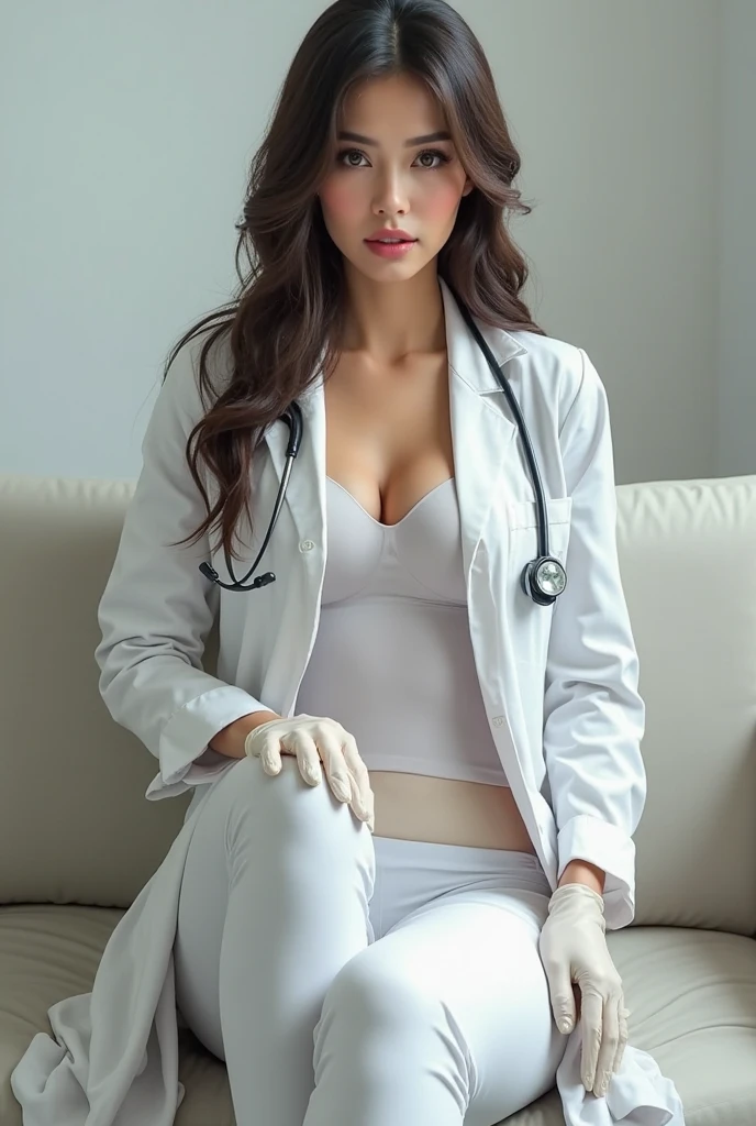woman with legs crossed, sitting on a chair, showing part of the garter belt, dressed in a white lab coat with a clipboard resting on her lap