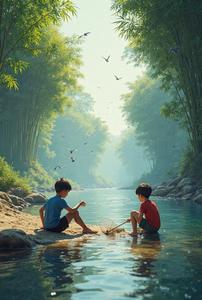 Small streams flow water，Mist，bamboo forrest，Boy student，long whitr hair，period costume，Play the guqin，censer，Need，tmasterpiece --auto