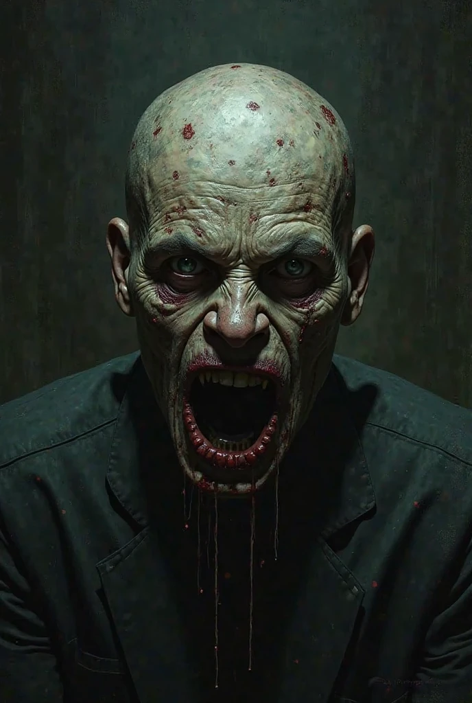 Create a picture of a human serial killer with a deformed face and a very terrifying