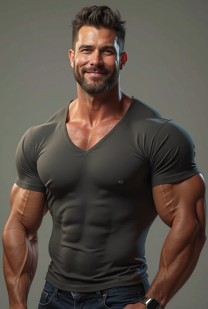 Sexy, muscular 50 years old male, short brown hair, green eyes, bare torus