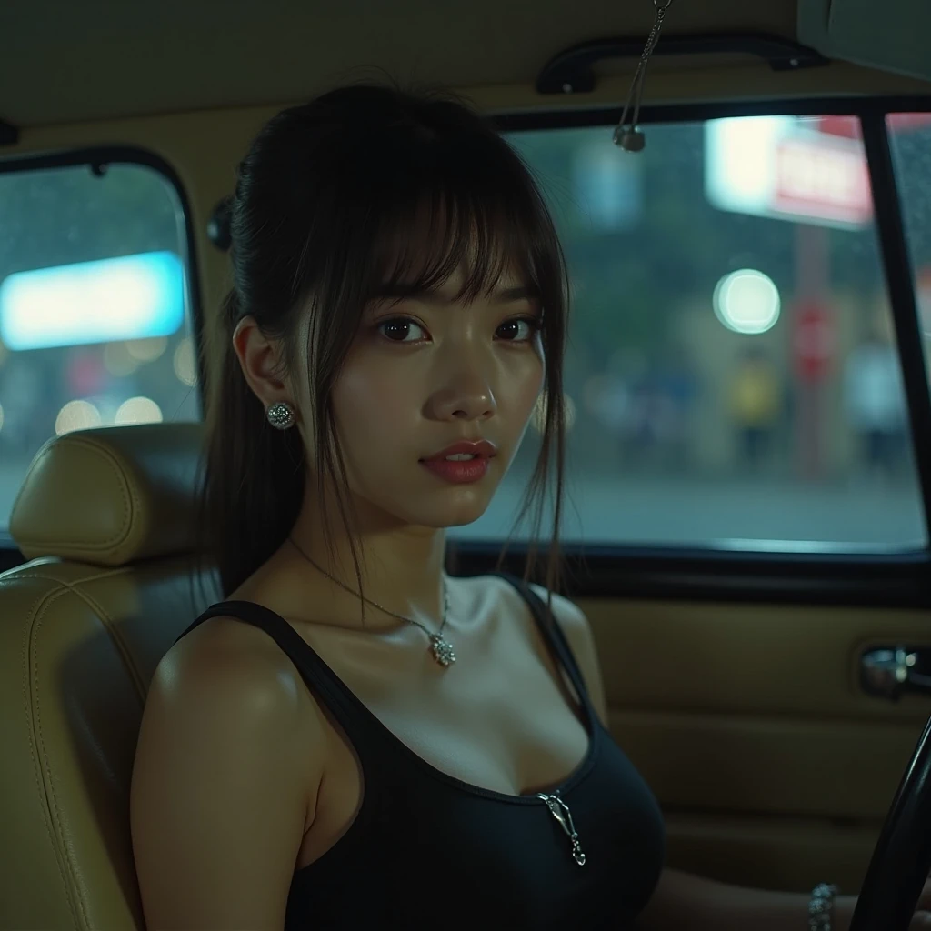 (32k:1.9, Horror depictions:1.9, cut, great performance, very high resolution), perfect dynamic elements, the texture and details of delicate faces.:1.3, Taxi, During the night shift:1.5, Professional High Angle Camera Work:1.3, Street lights:1.3, ((sexy, A short and thin Cambodian woman:1.0, Small Breasts, Tanned skin, Feeling of Cleanliness :1.0)), (Wearing an apsara costume, Checkered tight skirt, black vest, tights, white high heels), (Fearの表情:1.3, Sitting on Cream Leather Seat, Driver's Side Position Inside the Taxi:1.4), A white and red taxi, a Toyota Fortuner 2012 (behind you、Two robbers wearing black coats sitting in the back seat of the car:1.3, He raised his gun, aimed at her..:1.4), (meme Blue Eyes, meme, Clear Eyes :1.0, sexy Face:1.0, memeエロティシズムを醸し出す雰囲気:1.3), (full body shots, sexyเกินไป), Romantic, art, mysterious, earring, Bracelet, Object of Adoration , Shach Style , Characters , innovation, charm, sincere, Not ordinary, Tilt , feeling lost , special, (((( Exciting , extreme, A sense of airiness, Fear, Fearの表現)))), (((若さのcharm, 女性的なcharm)))