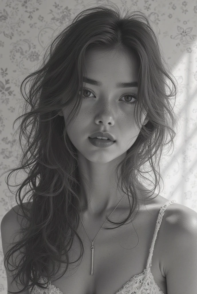 Una foto en blanco y negro de una mujer con cabello largo, Su cabello es natural despeinado, Cabello largo y desordenado, su cabello fluyendo hacia abajo, unkempt, hermoso cuerpo y rostro detallados, chica sexy con cabello largo y rubio, por Silvia Pelissero, wet and loose hair, cabello largo mojado y goteante, cabello que fluye hacia abajo, Cabello largo y suelto, chica de pelo largo