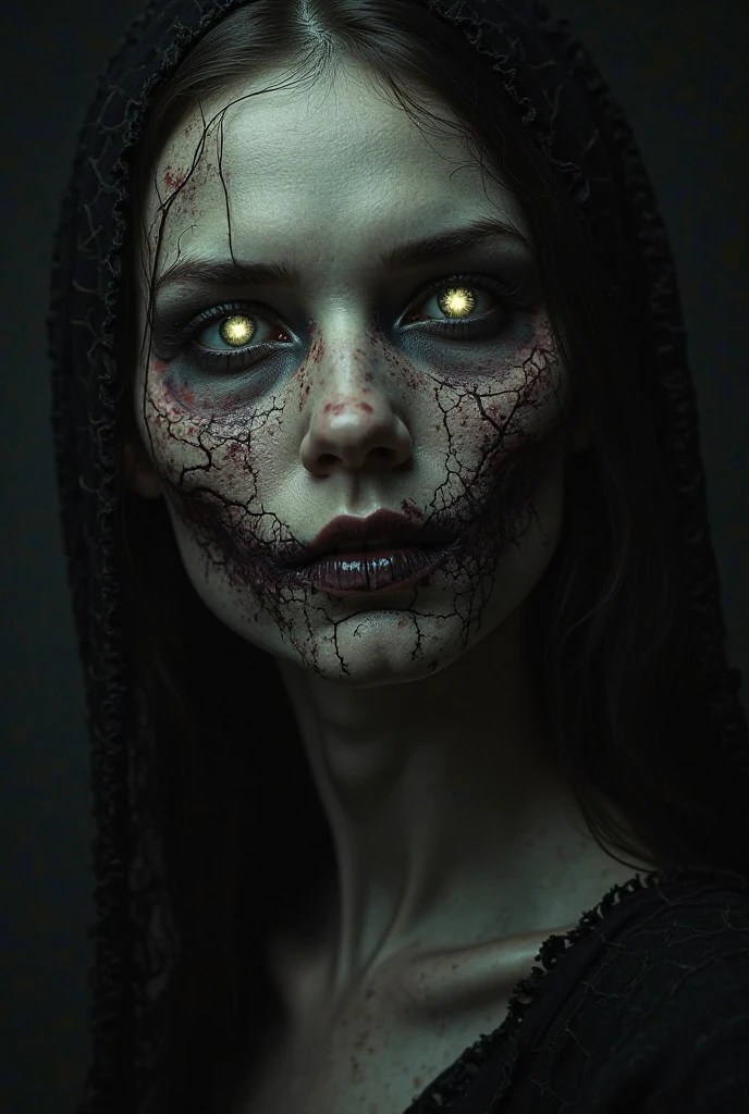 best quality, 4K, 8K, high-resolution, masterpiece: ) (extremely high-detailed, realistic, photorealistic, photo-realistic: ) A naked Young Witch, adorned with dark, fierce eyes that gleam with an unnerving intensity; a sharp, hooked nose; and pale, carefully applied lipstick. Her long, wild hair flows around her like a dark cloud, and her hands are stained with dirt and blood, a testament to her recent malefic deeds. Her face is smudged with grime and gore, full figure, cutting off her nipppe with ruwty knife