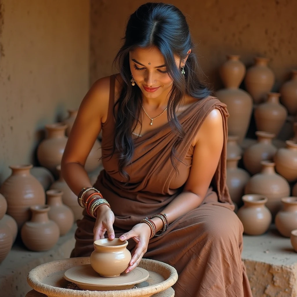 indian woman making a pot, on a pottery wheel, wearing a sexy sari