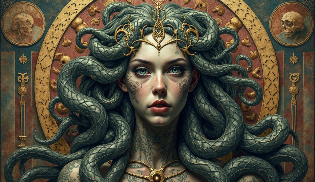 “Draw Medusa from Greek mythology based on her classical description. Portray a woman of unearthly beauty with a pale face, chiseled features and piercing eyes. Seu cabelo deve ser composto por serpentes vivas e venenosas, variando em tamanho e cor, com escamas reluzentes e olhos sinistros. Vista-a com uma veste que lembra uma armadura feita de escamas de serpentes. It has sharp claws on its hands and membranous wings on its back.. Make sure you capture the mischievous expression in his smile, while maintaining a menacing, petrifying look in his eyes. Convey your fearsome and terrifying nature in every detail.