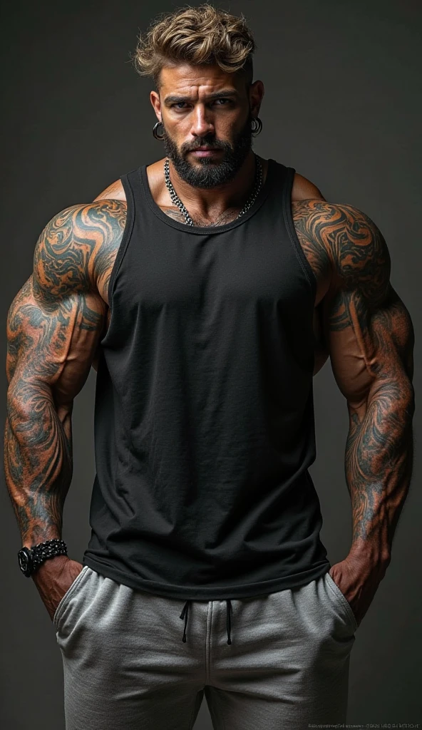A hot bald headed American old guy with a huge muscular body tall guy with full sleeve tattoos.