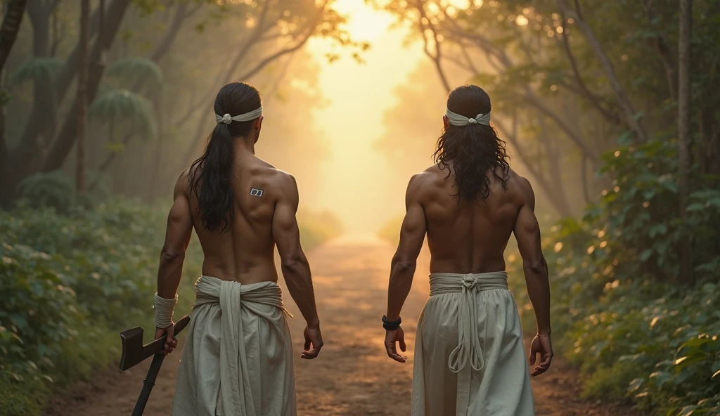 "An indian sadhu, adorned with a large trident, engages in conversation with an American man who is required to wear a coat and pants, bearing injuries, within the woodland."