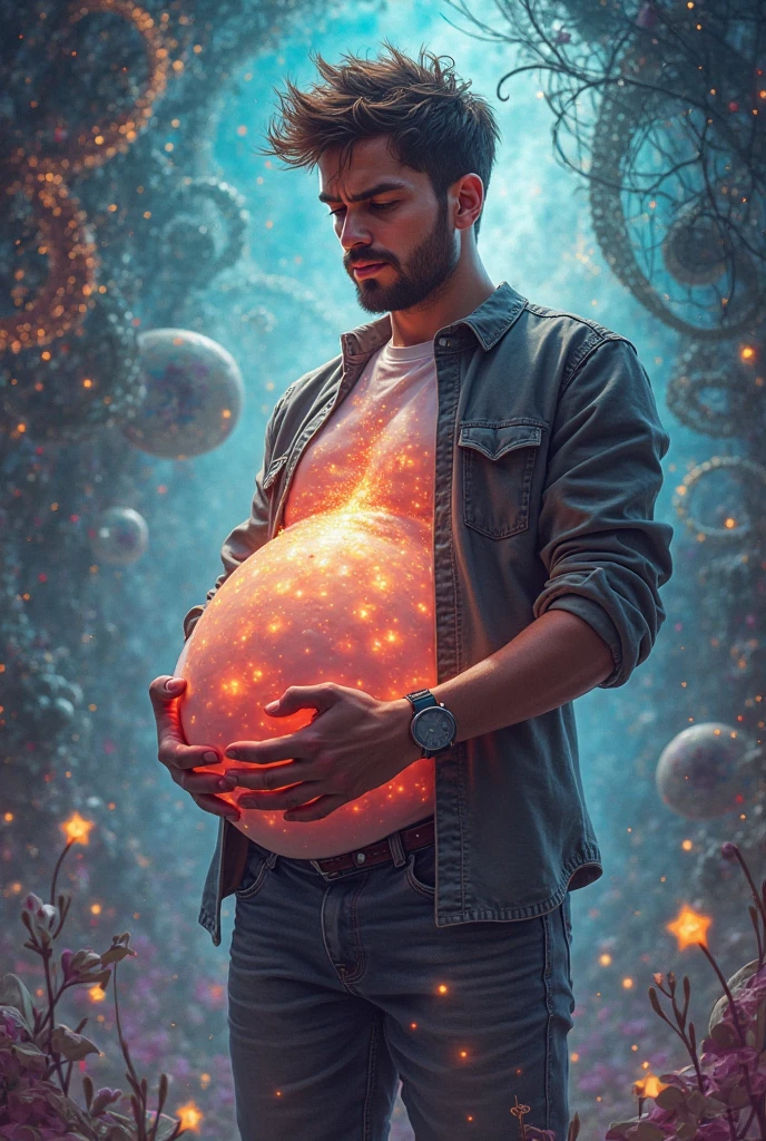 A man with a belly the size of 10,000,000,000,000,000,000 meters, pregnant for 10,000,000,000,000,000,000 years with a pregnancy belly of 10,000,000,000,000,000,000,000,000,000,000,000,000,000,000,000 meters, muscular and handsome, and of normal size but with a giant pregnancy belly that shows purple veins in his body, very, very, very large. The belly has to be so big that it spills over and reaches the ground. You can see the purple veins clearly.