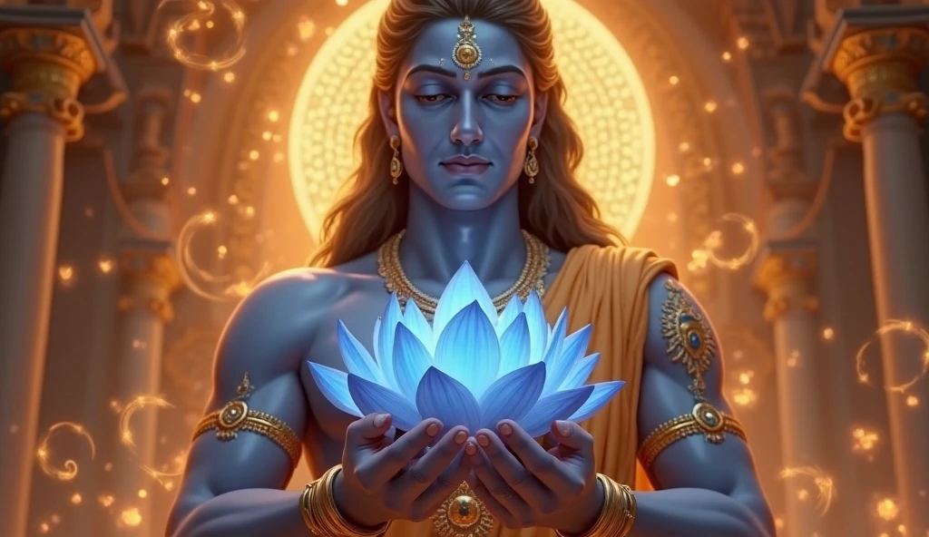 Generate a image of lord krishna hands with beautiful mehendi holding his palms together with a lotus in it