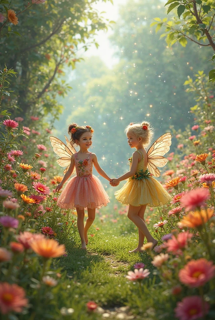 vibrant and enchanted fairy tale design. field full of colorful flowers. large old trees in the background. little celtic fairies fly, They are very small women with translucent butterfly wings and pointy elf ears, each one with a dress of a different color, hold wands in their hands, are very bright.