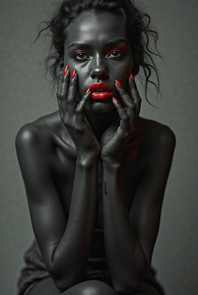 young woman, black fur coat, naked body underneath, black ball mask, kneeling