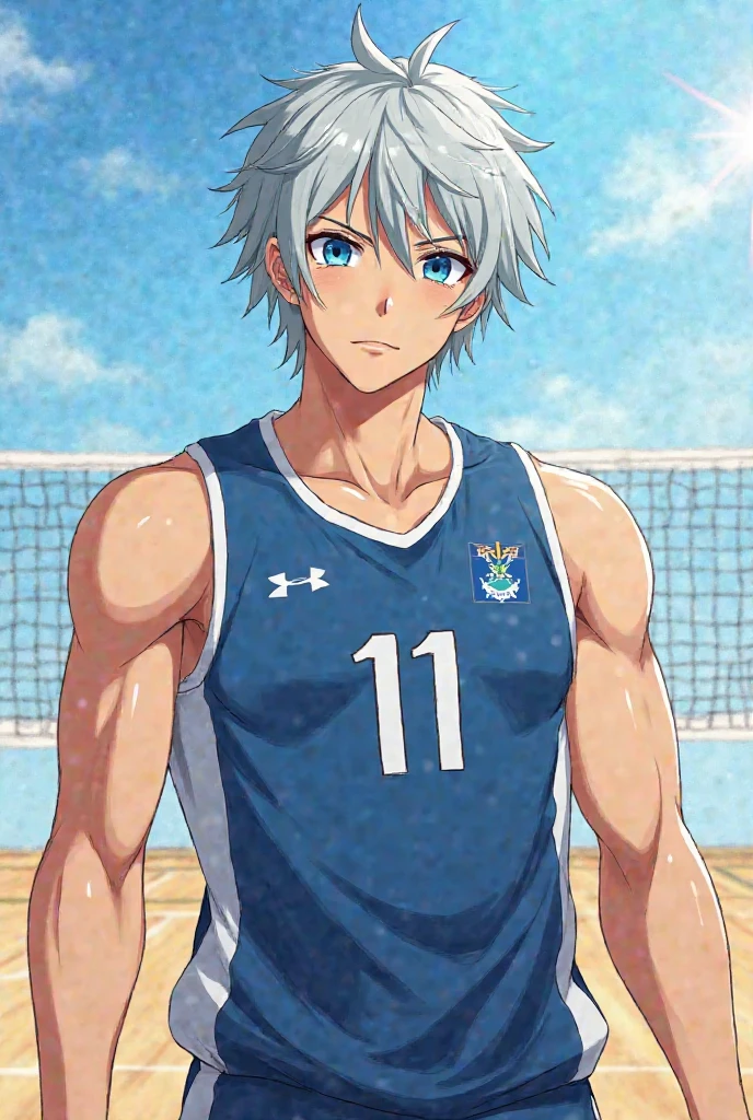 score_9, score_8_up, score_7_up, BREAK 1boy, male focus, toushirou_hitsugaya, white hair, green eyes, spiked hair, 19 years old, from front, speedo, male swimwear, swim briefs, at the beach playing beach volleyball, sfw, 8k, hdr, ultra resolution <lora:speedo:0.6> <lora:toushirou_hitsugaya_pony:0.7>