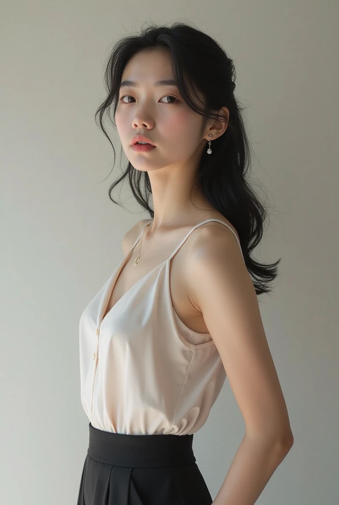 Hair down。One woman。Atmospheric。Hair in front of the chest。clavicle length。White cut and sew。