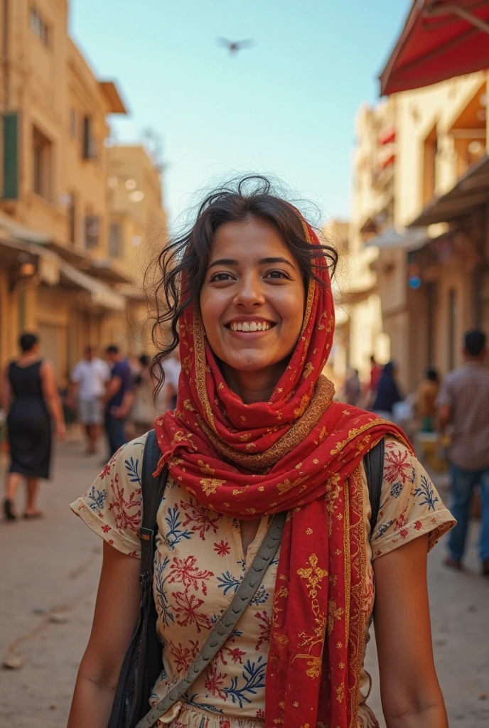 The woman is wearing a hijab with a checkered pattern.
