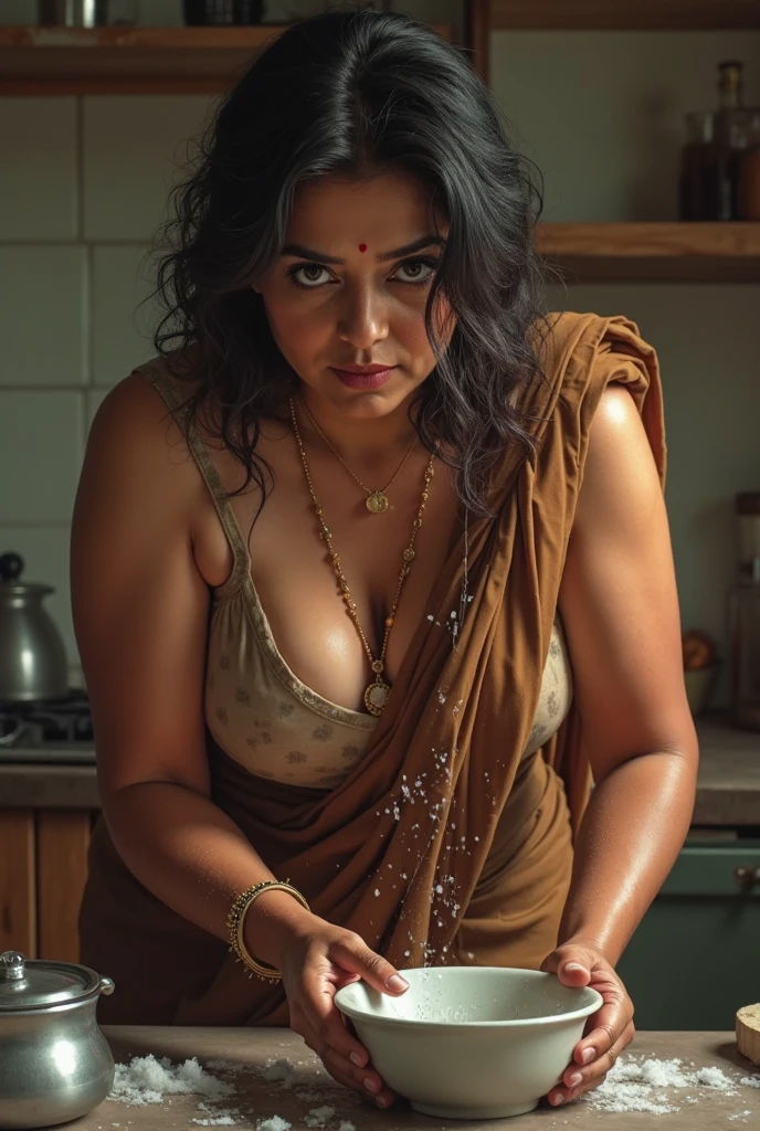 extreme close up photo of sexy mahie gill, front view, curvy, white see through lace saree, in kitchen, French braid hair, open arms, sexy armpits, bending over,