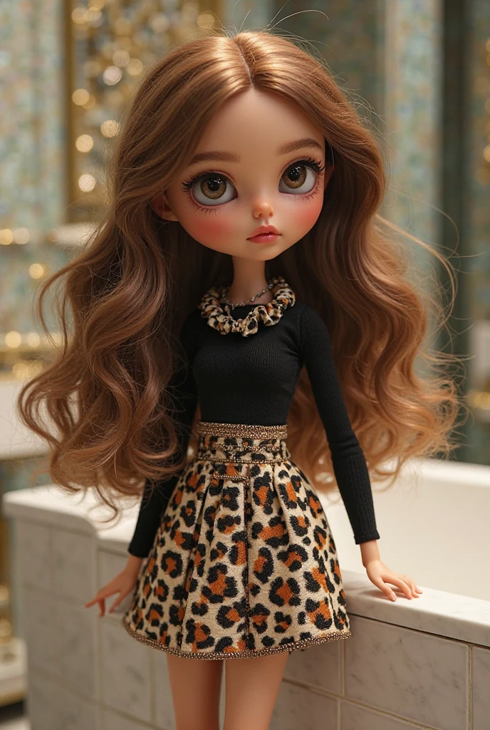 blythedoll with medium brown hair with blonde highlights, fair skin, dark brown eyes, tube top, gold jewelers, long volume lashes