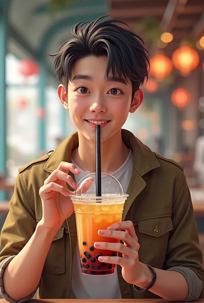 Best quality, offical wallpaper, 1boy, Drink soda in a lemon garden,  Realistic, Photorealistic,  (EOS R8,50 millimeters,F1.2,8K,RAW photo:1.2), Bokeh