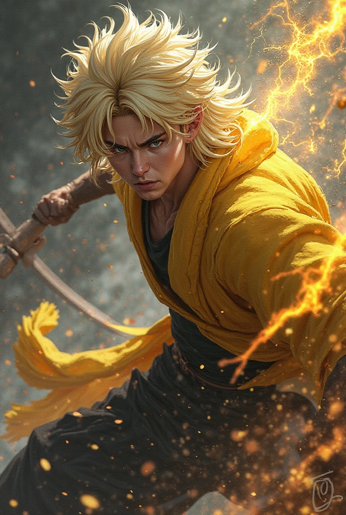 rpg character, half-elf, sorcerer, He has light brown skin, light brown scales on his body, dark brown eyes, he wears a yellow and blue hood, a red and green shirt, black and yellow hair, carries a light crossbow and a red plush fox in his hand. some bandages on his forearms and hands, yellow lightning storm in the background