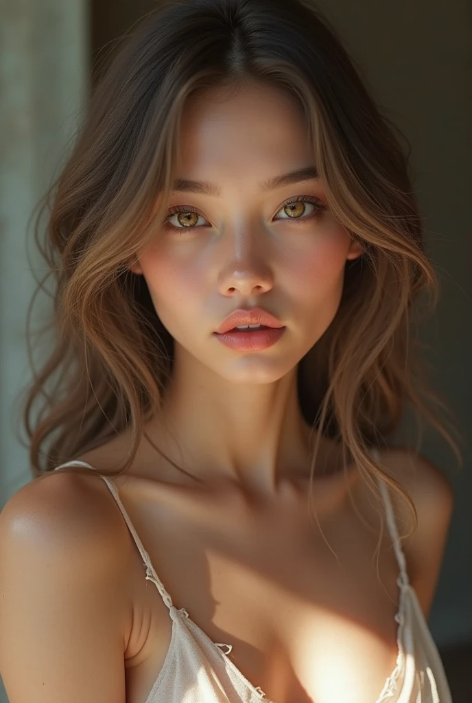 (realistic, photo-realistic:1.37),(8k, RAW photo, best quality, masterpiece:1.2), cute, ultra-detailed,heart-shaped pupils,physically-based rendering, ultra high res, kodakvision color, shot on Arricam LT Camera, bokeh, sharp focus,
looking at viewer,photorealistic,realistic, solo, photorealistic, best quality,extremely detailed face,extremely detailed eyes and face, beautiful detailed eyes,absurdres, incredibly absurdres,haunting smile,Messy hair, floating hair, ,