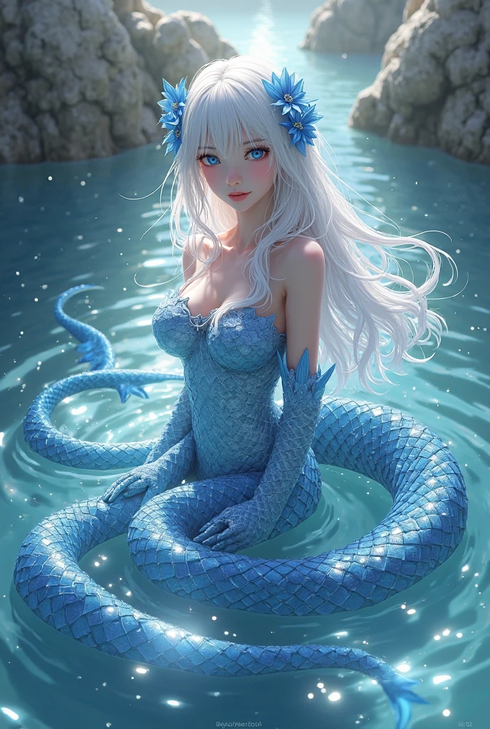 photo of beautiful siren, detailed blue eyes, detailed mermaid tail, white hair, innocent face