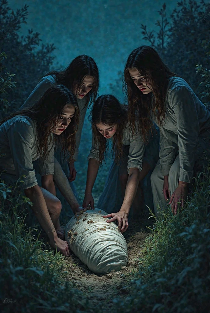 Foto (alta calidad, obra de arte) of Three girls and two 20-year-old boys while they see a grave in a dark place 