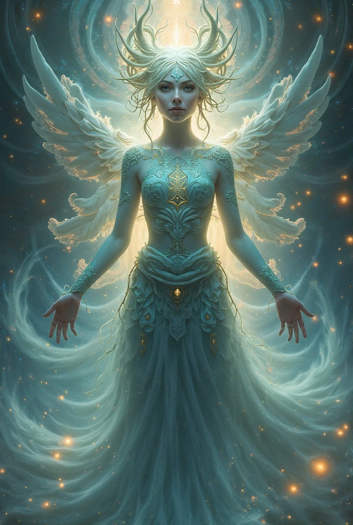 Cosmic Fallen Angel, glowing light eyes, Delicate and beautiful face，Bigchest，Biomechanical, eerie, Dream-like, Very bright colors, Light particles, with light glowing, Mshiv, wallpaper art, UHD wallpaper
