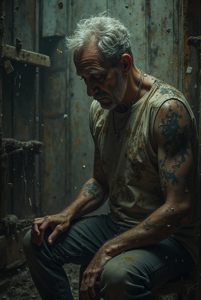 1 homeless man, (white trash) scum, skinny with defined muscles, fair-skinned, dirty, very handsome, with a scruffy beard, messy hair, wearing tattered and torn clothes, chest exposed, living on the street. He is posed sitting and shivering, begging for money. The setting is a dirty street. High-quality image.
