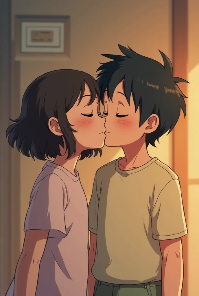 shinkai makoto, kimi no na wa., 2boy, Boys, bangs, black hair, blush, (boy wear hoodie), bow, ribbon, short hair, cute, Boy love, couple, gay, adorable, bare shoulders, dating, (((kiss, deep kiss, tongue, saliva))), closed eyes, passionate hug, flower field, Sit on grass, sky, cloudy, afternoon, sunlight