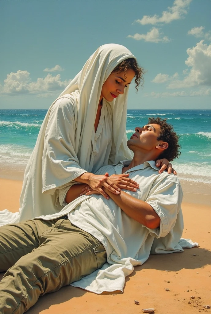 Navy blue headscarf on the beach, black long closed coat, barefoot, Sexy skinny woman. Man lying in front of woman. Woman sits on man&#39;s lap. 