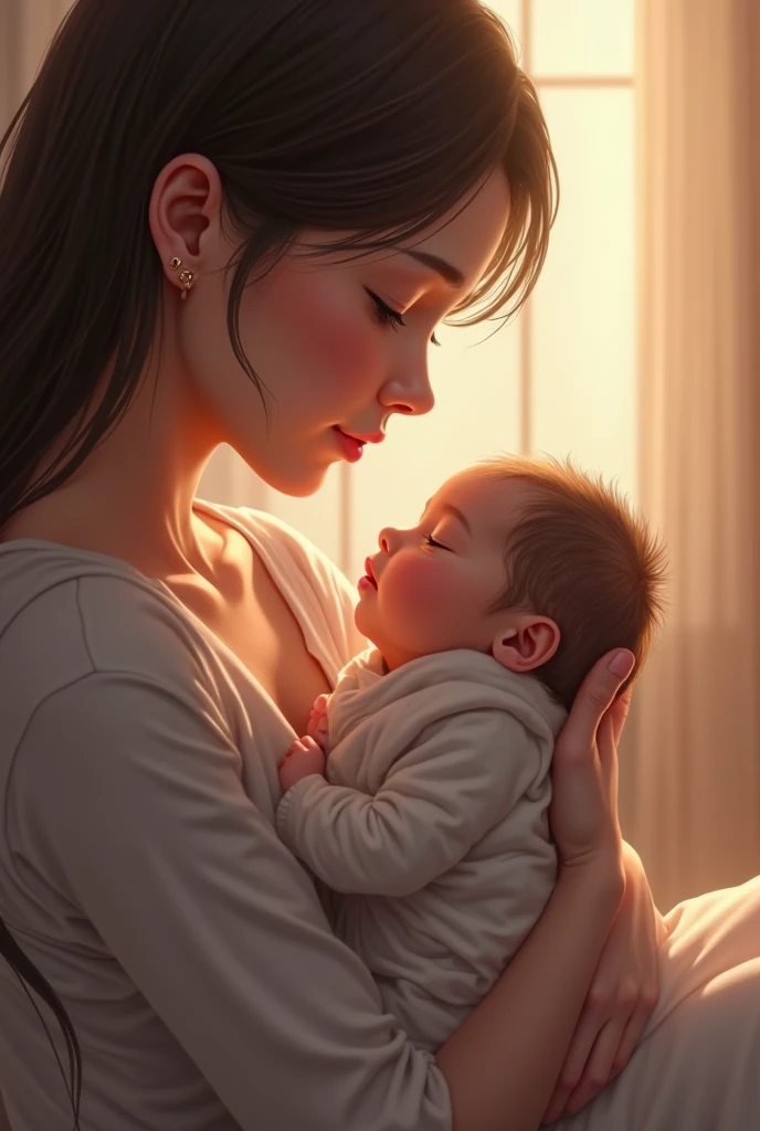 Mother kissing her baby tenderly. Prefer lavender tones, purple, Pink, but without ceasing to be an illuminated and real image.