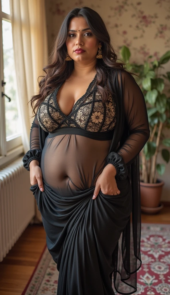 (Photorealistic), masterpiece, best quality, photorealistic, 8k raw photo, a A  high res render of a desi pregnant woman of 30s sexy, busty, perfect hip sexy busty thighs , covering breasts with hands, looking at the viewer , side profile, sexy and  highly detailed, 8k render, high res, ultra quality, realistic, round face, short straight hair, lusty smile, glowing eyes, happy face [:(detailed face:1.2):0.2], absurdres iris textures, facing viewer, cowboy shot, (photorealistic:1.5), perfect body, 
a beautiful girl pureerosface_v1, smiling, ankle high heels, wearing transparent black off_shoulder_bandage_dress with gold ornaments and crown, necklace, armband, navel ring, transparent heavy lace cloak made of swan feathers, big boobs, green eyes, long legs, long green hair, rim lighting, lying on bed inside a silky luxurious tent, treasure chests, hills, rainforest, blue sky, clouds,, DarkFantasy