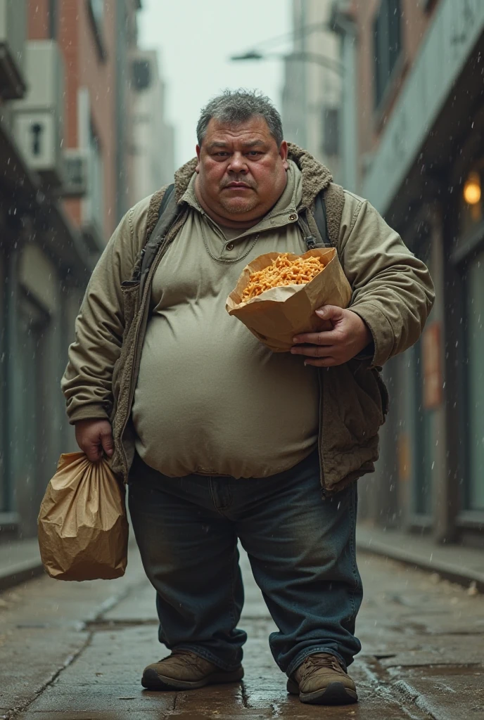 Fat Ugly nude dirty homeless man mouth hanging open  tongue out sitting in trash full side view