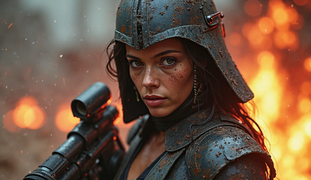 Close-up of a ((extremely beautiful girl warior)) , half human, half beast, their faces partially obscured by military helmets. Their eyes are filled with sadness and longing. The background is a trail of blood and violence. SHe wears a mechanized robot armor, carved with animal elements, human skulls. The sky is filled with swirling, fiery clouds. The photo conveys a strong sense of the warrior's appearance.
