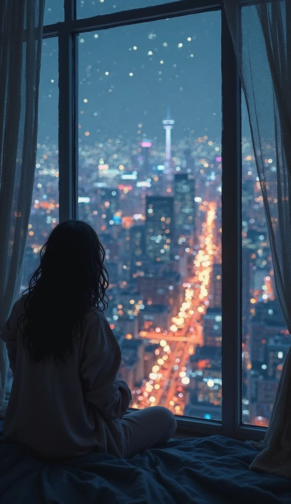 ((Best Quality)), ((Masterpiece)), (detailed), 1 girl watching the city, sitting in bed, watching city from tall building, night atmosphere with lights