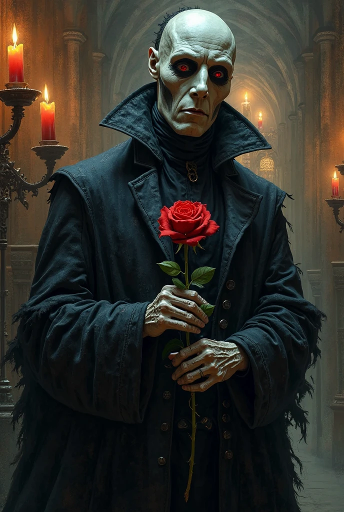 A strong vampire man in a cemetery holding a rose
