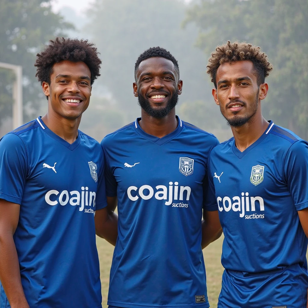 Soccer team uniforms with white and blue stripes