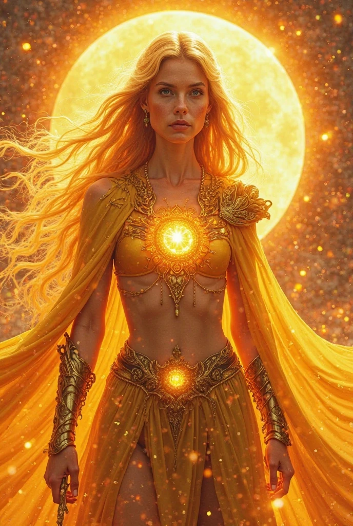 a tall lady in perfect body proportion, perfect face, perfect body, chakra-royal regalia, wet cloak, very long-golden hair, blowing hair, medusa hair, one hand pointing the sky, high heels, golden rays surrounded, mystical aura, ethereal, fire element, death massive-flames in background, dark moon, unreal engine, cinema art photographic, cinematic motion picture, 8k, super detailed, bottom view, bottom camera angle