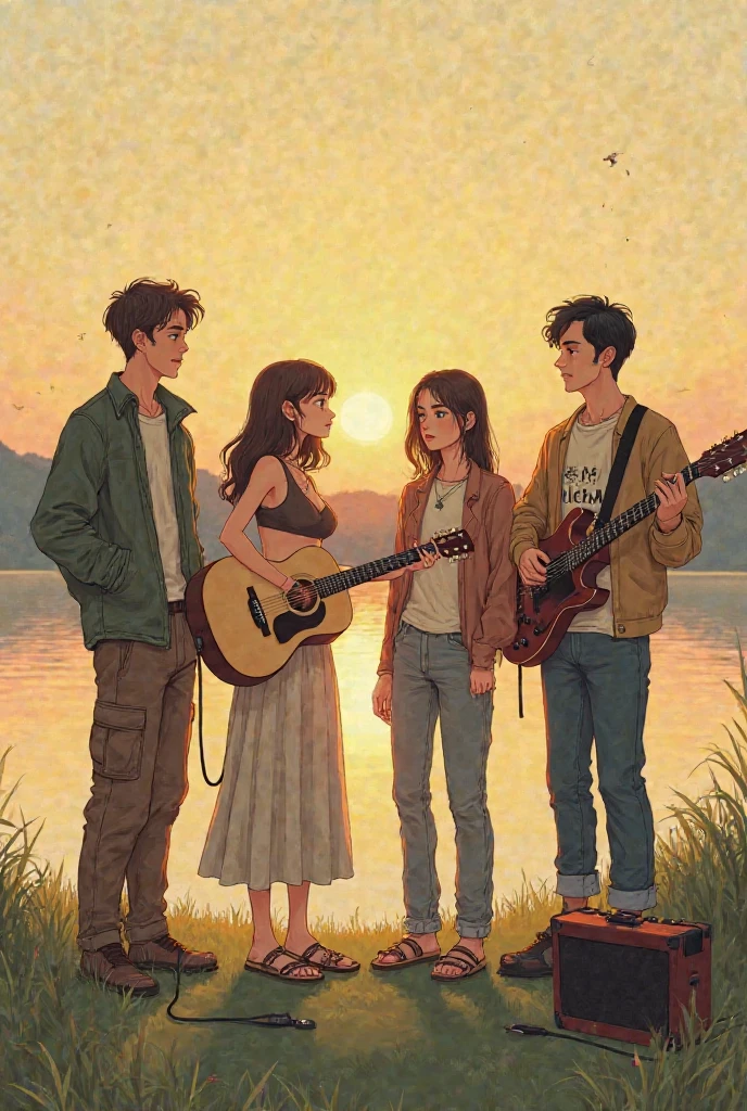 curly hair boy playing guitar and medium hair girl sitting on tree