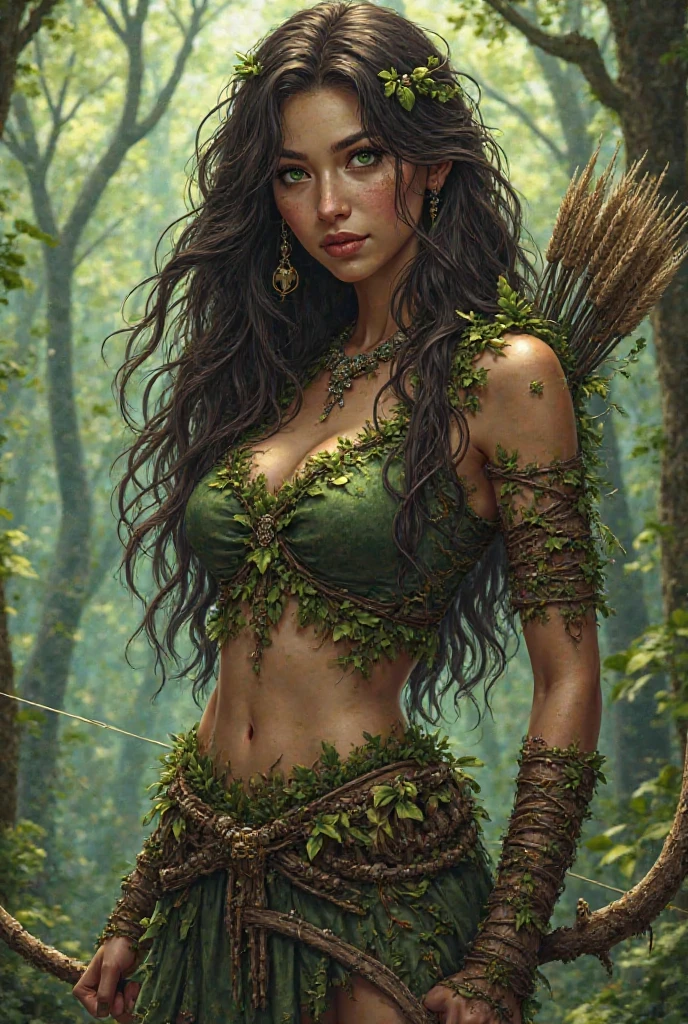 An illustrated movie poster, hand-drawn, full color, a teenage elven girl, wearing a lace bralette and bloomer shorts, toned, voluptuous hourglass figure, long pointy elf ears, amber eyes, dark hair, long messy waves, deep sun-tanned skintone, freckles, standing in a sunny olive grove, graphite shading, stencil marks, airbrushed acrylic paint, masterpiece, in the style of the Lord of the Rings