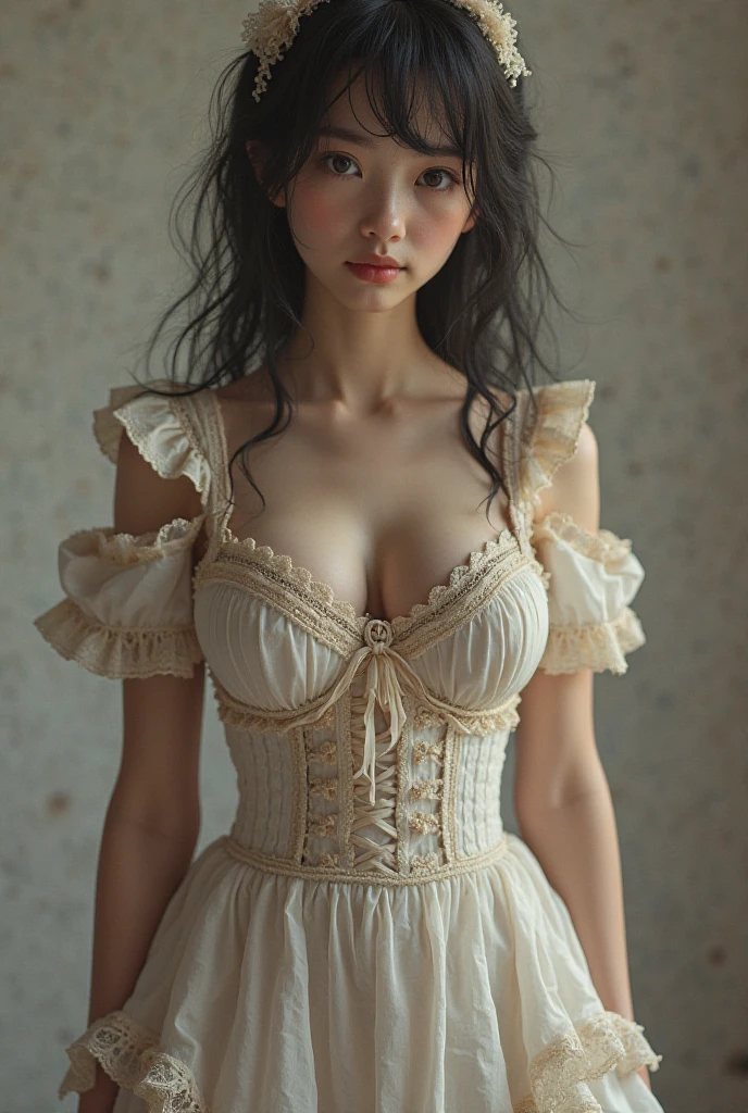 (nsfw:-2.0), (realistic, photo-realistic:1.4), (best quality,masterpiece:1.2), RAW photo, high resolution, intricate details, extremely detailed, realistic and sharp details, cinematic lighting, (portrait, frontal photography), solo, 1girl, (doll-like appearance), (victorian-style cosplay), (large breasts, cleavage), Brown long hair, detailed face, detailed eyes, smile, (pink pastel color clothes), bell-shaped skirt, petticoats, sweetheart neckline, puffed sleeves, detailed lace, detailed embroidery, accessories and matching headpiece, choker, large sparkling jewelry, ankle strap pumps, photo background, outdoors, (city ruins, ruins, concrete), nature, overgrown,,,[Rena Moriya,Sakurazaka46]
