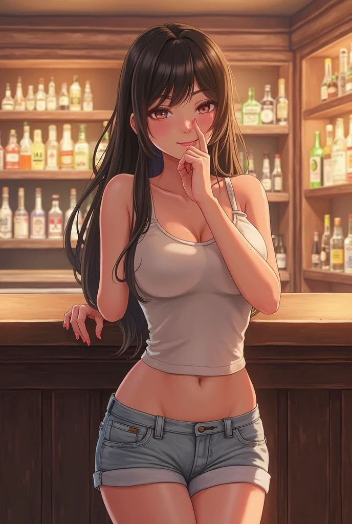 highest quality, 4K, one beautiful woman, beautiful big breasted woman, black haired woman, long hair woman、ponytail woman, ((Woman in dark blue tank top:1.3)), woman wearing white shorts、big smile, ((black knee socks))、stylish bar、Stylish wines are lined up on the liquor shelf、Woman is being rubbed on the chest by a man