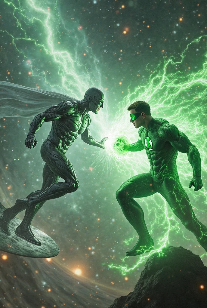 (photorealism:1.2 Spider-Woman and Green Lantern walking through the darkness illuminated by the light of her green lantern.