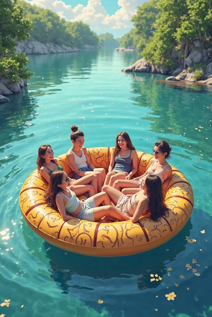 Photo of a large air mattress on a lake, zwei Frauen spielen im  See, ((wet clothing)), ((wet body)), ((wet hair)), ((white bra)), ((Emma Roberts)), ((Hayley Williams)), they have large round breasts with nipples