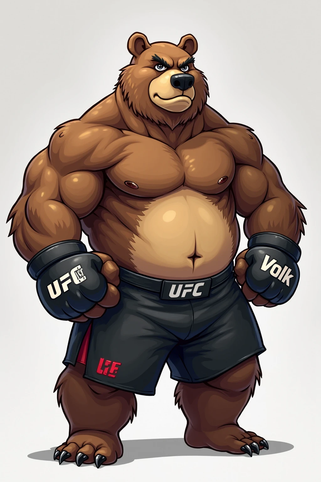 A brown bear wearing baggy pants and no shirt with a wrestling belt on that says TSR , super muscular , with a computer keyboard and a blank screen in front. He's rapping and standing but he's rapping to the inert monitor