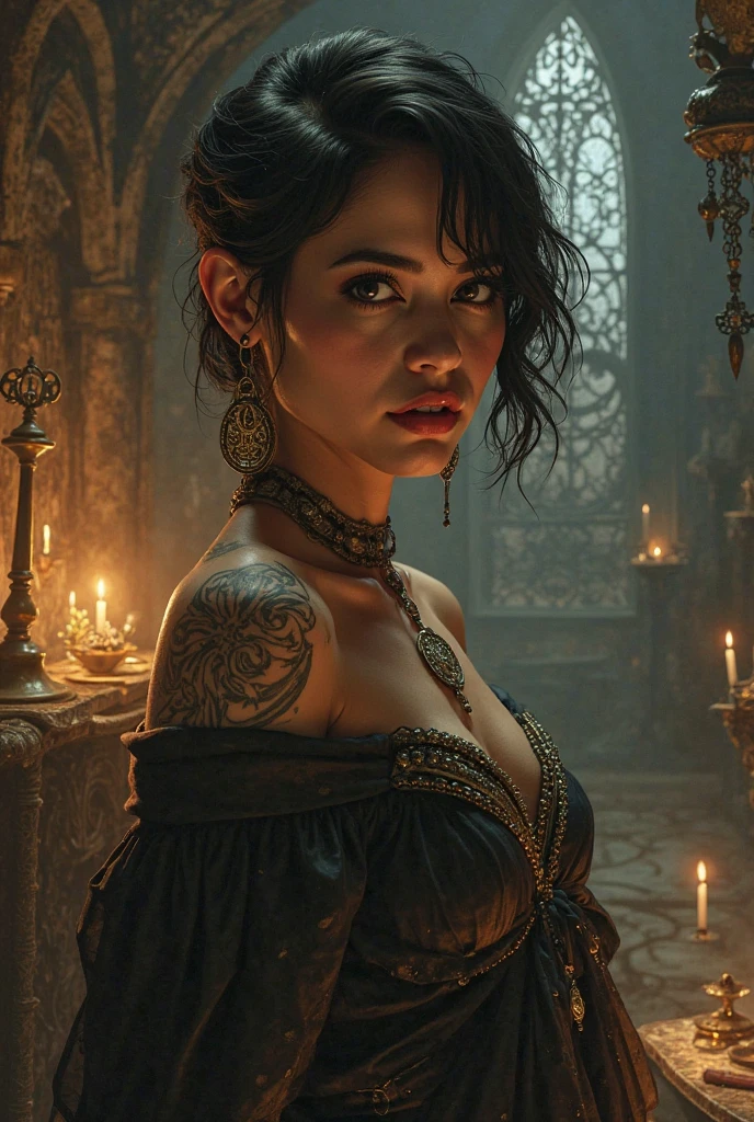 (80’s horror movie stills), deeply dramatic and alluring full-body portrait (1.2), mesmerizing african vampire female figure, , accents of gold and silver filigree, focus on cleavage (1.3) drawing attention to her sensuality. intricate details, cinematic lighting, photorealistic manner, background features flickering candles., masterpiece, best quality, high quality, highres, amazing lighting, detail enhancement, most beautiful image in the world, 8k resolution, awe inspiring, hd
