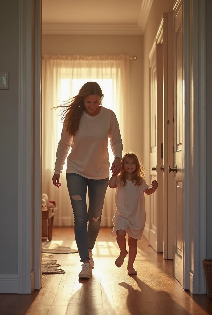 A hyper-realistic photo of a mother standing at the doorway of her home, about to leave for work. She looks back with a sad expression at her two children, aged 4 and 7, who are inside the house. The mother has a hesitant and melancholic look, as if she doesn’t want to leave. The lighting is soft, emphasizing the emotional tone, and the background shows a warm, lived-in home.”